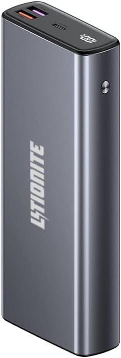 LITIONITE Capsule 65W 30000mAh Power Bank, front view with LED display showing 100% charge.