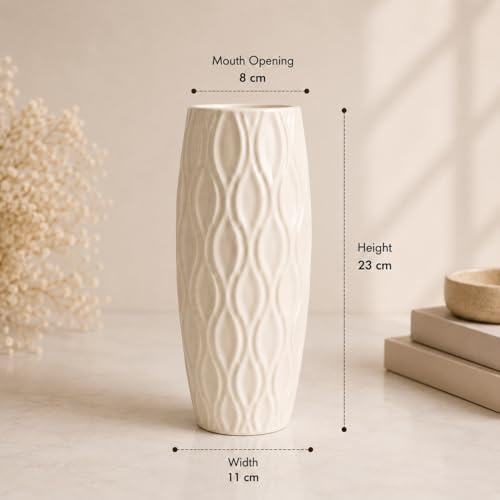 Image of Ceramic Flower Vase, Off White, Tall Cylindrical Shape, Embossed Wave Texture Pot, 23 cm, for Artificial Flowers and Dried Pampas Grass (only Vase) (Wavy Embossed)