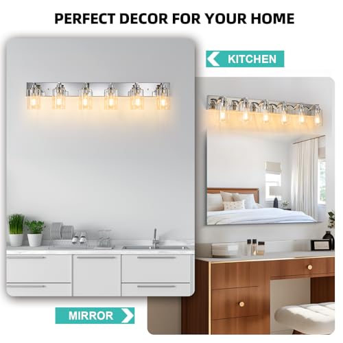 Image of 6-Light Bathroom Light Fixtures Modern Chrome Vanity Lights | Easy to Install Clear Glass Shades, Wall Mount Up or Down, E26 Socket, Hardwired, 129V