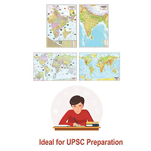 Image of India & World Map ( Both Political & Physical ) with Constitution of India and History of India Chart | LAMINATED SET OF 6 Maps & Charts | Useful for UPSC, SSC, IES and other competitive exams