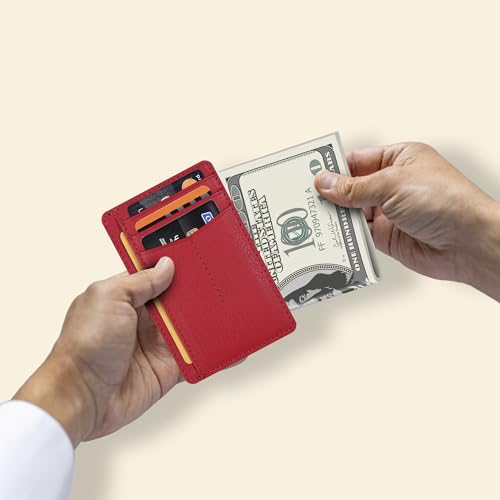 Image of Oak Leathers Leather Slim Minimalist Wallet for Men & Women RFID Front Pocket Leather Card Holder Wallets (Nappa Red)