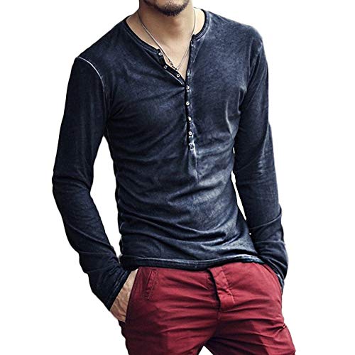 Men's Casual V-Neck Button Long Sleeve Henley T Shirts Lightweight Basic Shirts Tops Navy 2XL