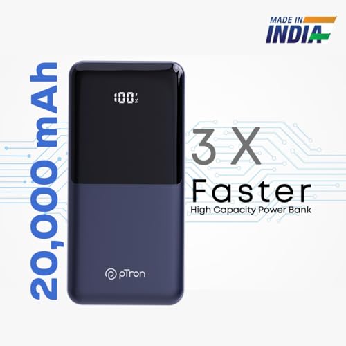 Image of pTron Dynamo Power 20000mAh 22.5W Super Fast Charging, USB Type-C Input Power Bank with Quick Charge & 20W Power Delivery, Built-in Charging Cables, 4 Outputs, Type-C Input /Output Port (Indigo Blue)