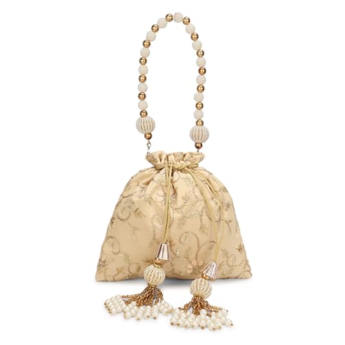 Image of LONGING TO BUY Indian Embroidered Pearl Potli Bag For Women, Sequence Design with Tassel, Wedding Potli Bags