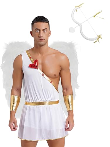 Fldy Disfraz de Cupido para Hombre Arco Flecha Alas de Ángel y Mono Pulsera Adultos Disfraces de Carnaval Mensajero del Amor Dios del Amor Cosplay Blanco M