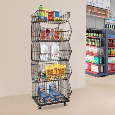 5 Tier Retail Display Rack, 44LBS Capacity Per Tier Slanted Basket Merchandise Rack with 4 Wheels, Metal Wire Display Shelf Cart for Store Home Kitchen