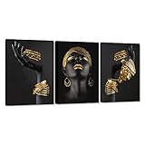 MAMAGO Canvas Wall Art Painting African Woman Pictures Modern Gold Black Woman Holding Gold Jewelry Posters Prints Artwork Home Decor for Living Room Bedroom Office Framed Ready to Hang - 12'x16'x3pcs