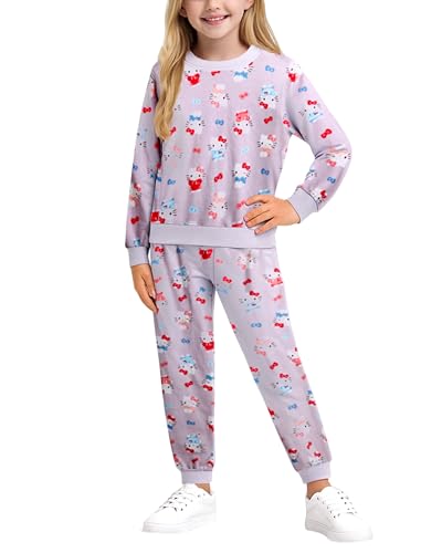 Image of Hello Kitty Girls Sweatpants Set - 2 Piece Fleece Crewneck Sweatshirt and Girls Joggers Cute Matching Clothing Set (2T-12) (Purple Hello Kitty, 2T)