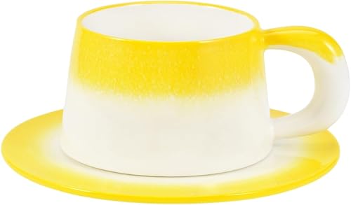 Koythin Taza de café de cerámica con platillo, plato de taza de esmalte granular gradual para hombres y mujeres, regalo de cumpleaños, 6.5 onzas,