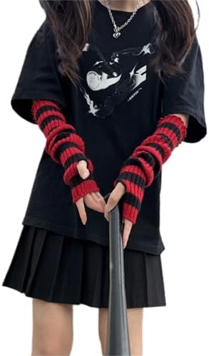 Punk Gothic Rock Striped Arm Warmers Y2k & Emo Accessories (Red) image 5