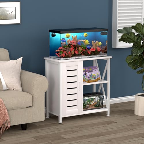 Image of Herture 20-29 Gallon Fish Tank Stand, Aquarium Stand with Cabinet Accessories Storage, Heavy Duty Metal Frame, 31.49 inch L*15.74 inch W Tabletop, 330LBS Capacity,White PG07YGW