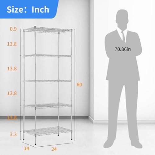Image of BestOffice | 5-Tier Wire Storage Shelves | 14x24x60 | Chrome | Heavy-Duty Metal Shelf, Holds Upto 750 lbs | No-Tool Assembly | Ideal for Home & Garage Shelving