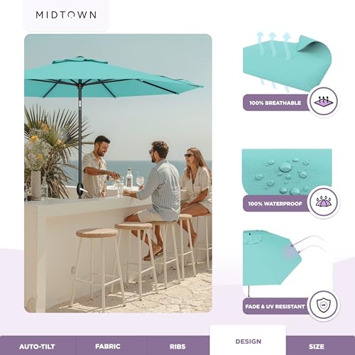 Image of Midtown Umbrellas - The Lean 8 Ft Patio Umbrella with 10-Year-No-Fade Acrylast Acrylic Fabric, Auto-Tilt and 8 Reinforced Ribs for Deck, Pool, Garden, Hotel & Cafes - Azure Canopy, Black Pole