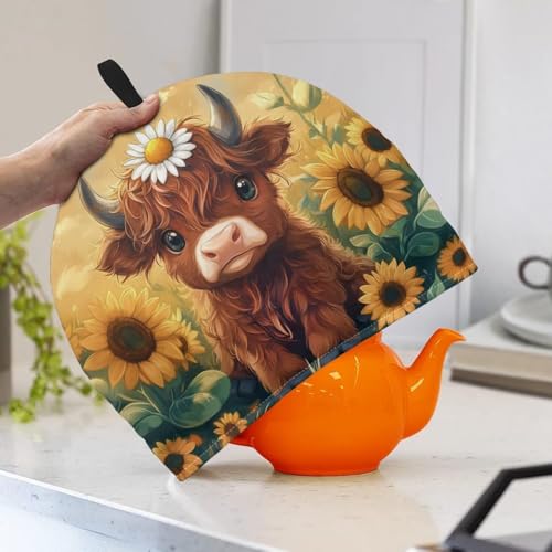 Image of Tea Cozy Sunflower Highland Cow Cute Print Cotton Insulated Tea Cozies for Teapot Keep Warm Kettle Dust Cover Kitchen Accessories