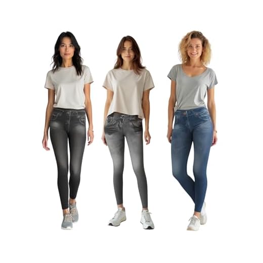 ShopINess Pack 3 Jeggings Mujer Estilo Vaquero - Leggings Elásticos y Moldeadores Sin Costuras – Pantalones Cómodos Tipo Jeans Sin Cremallera – Azul, Negro y Gris (L-XL)