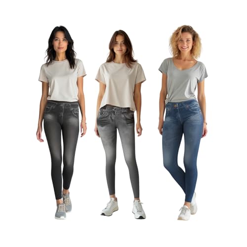 ShopINess Pack 3 Jeggings Mujer Estilo Vaquero – Leggings Elásticos y Moldeadores Sin Costuras – Pantalones Cómodos Tipo Jeans Sin Cremallera – Azul, Negro y Gris (S-M)