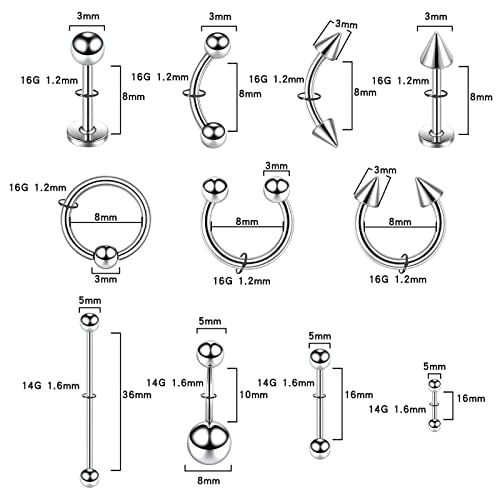 104pcs Piercing Kit 14G16G Kit Piercing Kits for all piercings (Stainless steel color)4