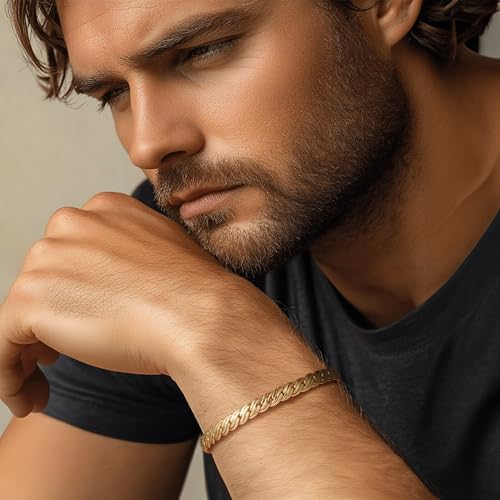 FEGER 14K Gold Double-Row Braid Chain Bracelet for Men and Women Non-Tarnish Bracelets with Lobster Clasp Available in 5 Sizes (6.5''-8.5'')3