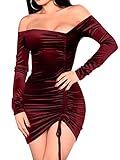 GOBLES Womens Velvet Bodycon Ruched Sexy Off Shoulder Bodycon Mini Club Dress Wine Red