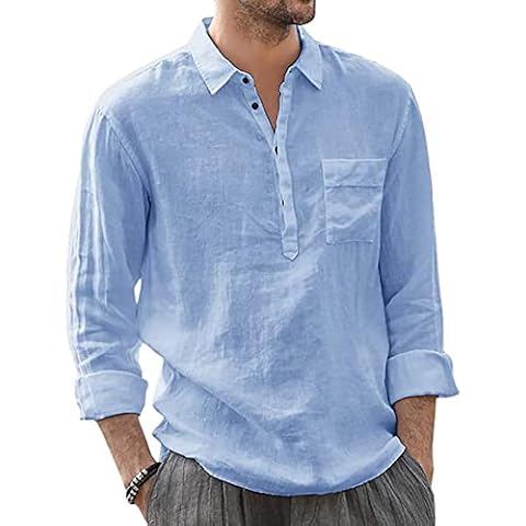 YAOHUOLE Men's Linen Shirt Long Sleeve Lapel Neck Autumn Winter Shirt Blue L Cover