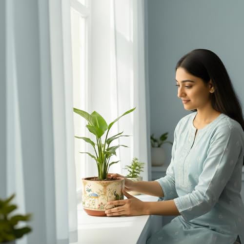 Image of Urban Plant Badshahi Beige 3D Terracotta Plant Pot (5 Inch) | Hand-Painted Mughal Art Design Planter | Decorative Indoor Clay Pot with Drainage Hole | Tabletop Flower Pot for Home & Office Decor