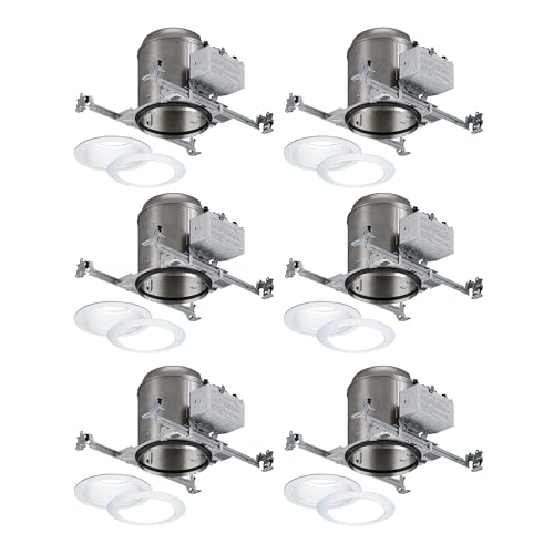 HALO 6" New Construction Recessed Lighting Housing/Can 6-Pack, IC-Rated, Air-Tite, E26 Base, Kit w/ 6 White Baffle Trims