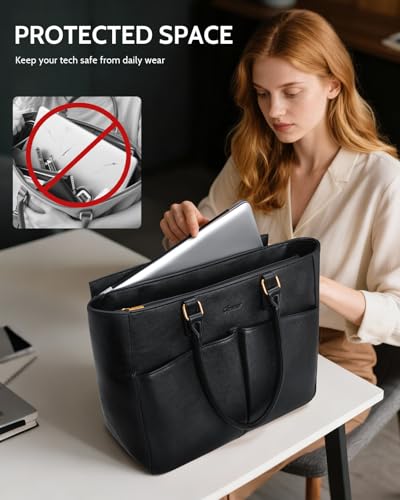 Image of Laptop Tote Bag for Women, Leather Work Tote with Padded Laptop Compartment, Cup Holder, Office Computer Briefcase