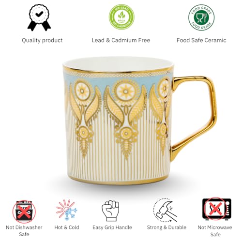 Image of Clay Craft Premium Ceramic Tea & Coffee Mugs Set of 6 - Blue & Gold Printed Designer Cups with Golden Handle | Elegant Striped Pattern | Ideal for Home, Office & Gifting
