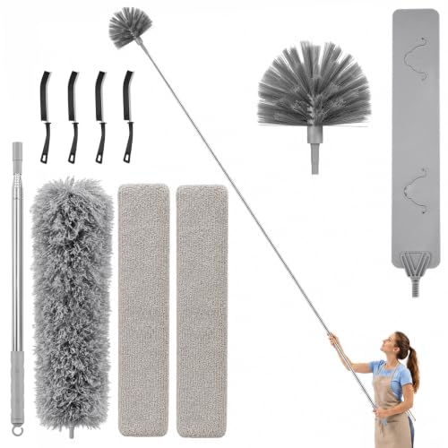 MimAuto 100-inch Duster with Extension Pole 9-in-1 Cobweb Duster Kit Includes Spider Web Brush & Flat Gap Cleaner for High Ceiling Fan Under Appliances Car Home Deep Cleaning