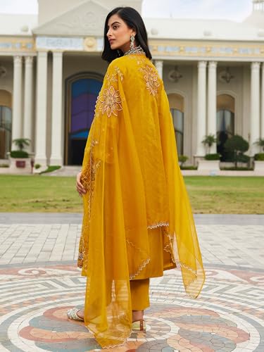 Image of INDO ERA Women's Silk Blend Embroidered Straight Kurta Pant with Dupatta (Ieout6967)