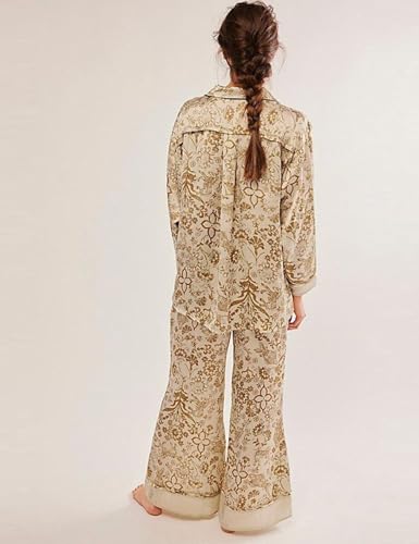 Image of Yimoon Satin Pajama Set for Women Silk Pajamas Set 2 Piece Floral Cute Pj Set Long Sleeve Pjs Sleepwear
