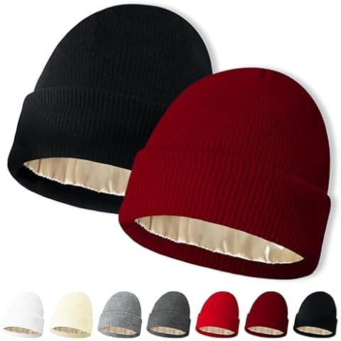 NPQQUAN 2 PCS Satin Lined Beanie for Women Silk Lined Beanies Winter Warm Soft Lining Cuffed Knit Beanie Hats for Women Black+WineRed Cover