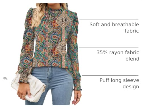 Image of LUYAA Puff Long Sleeve Shirts for Women Tops Dressy Casual Frill Mock Neck Smocked Cuffs Blouses