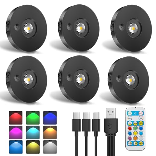 Schrankbeleuchtung USB Aufladbare RGB Katzenaugen LED Spot Akku mit Fernbedienung - 9 Farben, Dimmbar, Magnetisch, Timer, LED Unterbauleuchte Vitrinenbeleuchtung Regal Beleuchtung (6er Pack)