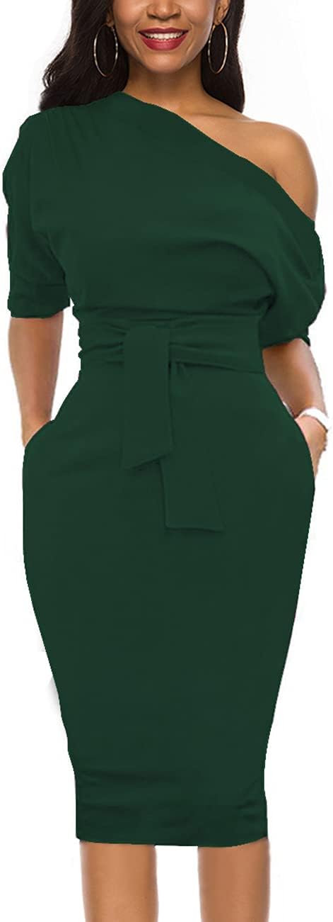 Nature Comfy Elegant Womens Wear to Work Casual one Shoulder Belted Pencil Dress with Pockets