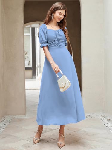 Image of Shasmi Girl's & Women's Solid A-Line Ruched Puff Sleeve Maxi Long Evening One Piece Long Dress for Women Stylish (Dress 131)