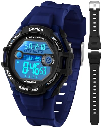 SOCICO Digital Kinderuhr für Jungen MäDchen 2 Austauschbare SilikonarmbäNder 50M wasserdichte und StoßFeste Sportuhr mit 7-Farbiger Hintergrundbeleuchtung Alarm Stoppuhr Kalender (Alter 518)