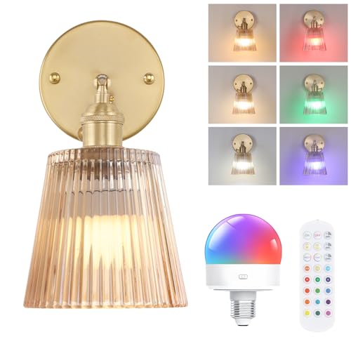 Image of Shenmoyl Vintage Battery Operated Wall Sconce with Amber Stripe Glass Lampshade Rechargeable Battery Powered Wall Light with Remote Control for Bedside Bedroom Doorway