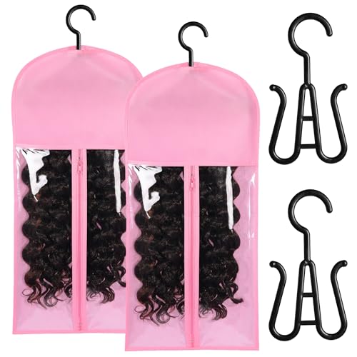 2PCS Wig Holder Wig Storage Portable Wig Bags Storage with Hanger Hair Extension Holder for Styling Wig Storage Bags Wig Organizer for Multiple Wigs Stand Hair Extensions, Wigs & Accessories (Pink)