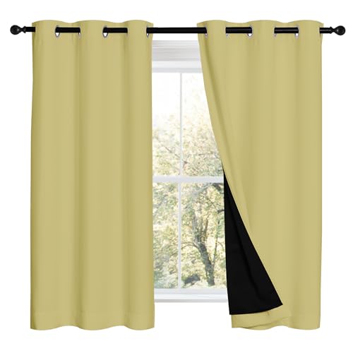 Image of NICETOWN Paler Yellow 100% Blackout Curtains 2 Panels with Black Liners, Thermal Insulated Full Blackout 2-Layer Lined Drapes, Noise Cancellation Window Draperies for Dining Room (42 inch W by 54 inch L)