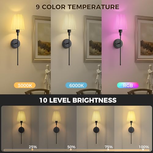 Image of DORESshop Battery Operated Wall Sconce Set of 2, 10 Color Wireless Wall Light Easy to Install, Sconce Wall Decor Set of 2 for Bedroom, Living Room, Pleated Fabric Shade, Black, 24.6in