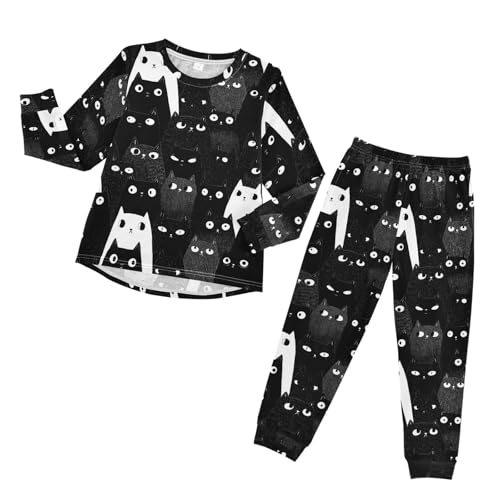 Cats in Black and White Soft Pajama Set for All Seasons,Breathable Pjs Long Sleeve Sleepwear,Comfy Loungewear 2 Piece Underwear Set 5T
