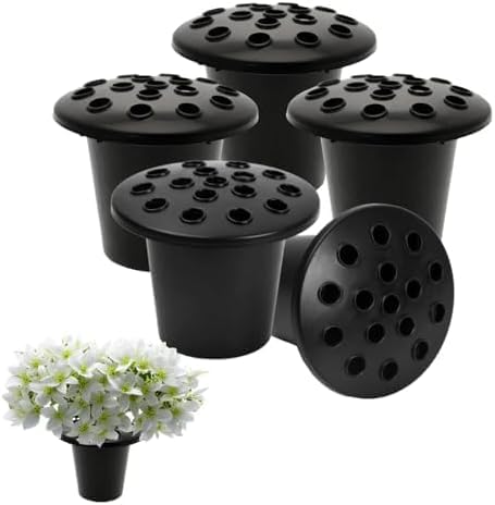 Caliko Grave Flower Pots with Lids 5-Pack Grave Pot- Strong Plastic Memorial Vases for Graveside Decorations - Secure Grave Flower Holders for Lasting Beauty.