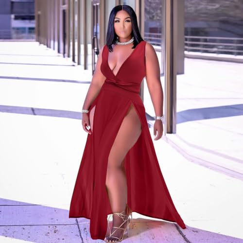 Image of Women's Plus Size Maxi Wrap Dress Sleeveless Deep V Neck Split Dress