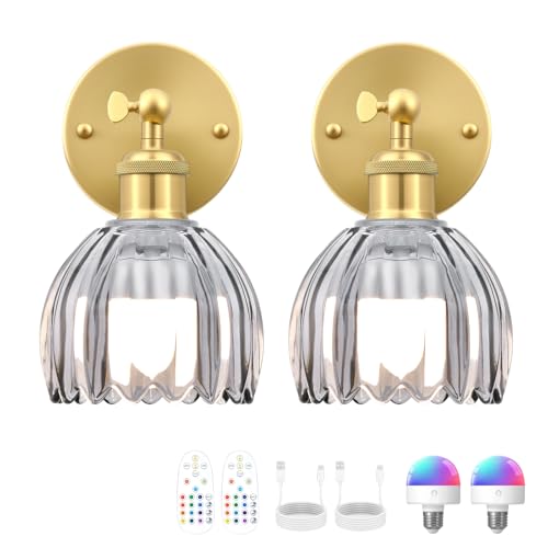 Image of Vintage Battery Operated Wall Sconce, Smoky Gray Tulip Glass Lampshade Wireless Rechargeable Battery Powered LED Wall Light with Remote Dimmable for Bedside Bedroom Doorway Living Room, Set of 2