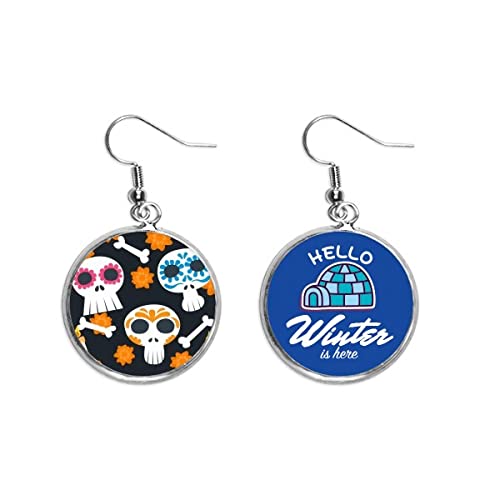 Pendientes de calavera mexicana colgantes con ilustración floral de invierno