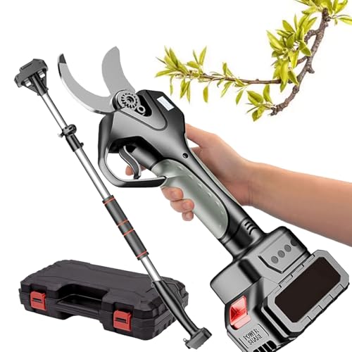 YMXEURSC Tijeras de podar inalámbricas con Varilla de extensión, Tijeras de podar eléctricas Tijeras para huertos y Patios, Cortador de Ramas a batería (2 Battery)