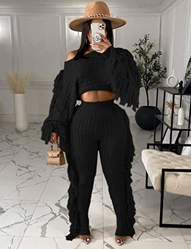 Image of KANSOON 2 Piece Sweater Set for Women Cable Knit Fringe Crop Top and Pants | Cozy feel, ribbed high waist, comfortable stretch fit for birthday and chilly going-out outfits