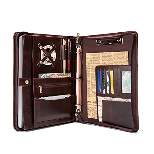Yiwen Handmade Genuine Leather Portfolio, Zippered Padfolio With 3 Ring Binder, Professional Business Organizer, Resume Folder, Notebook Organizer With Tablet (Non-Custom, Oil Wax) #TOP8