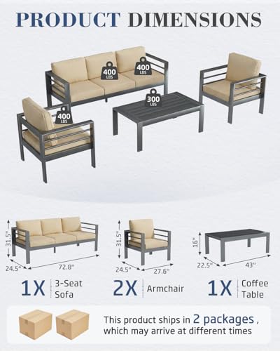Image of AECOJOY Aluminum Patio Furniture Set, 5 Seats Modern Outdoor Furniture with Coffee Table, 4 Pieces Metal Conversation Sectional Sofa, Beige